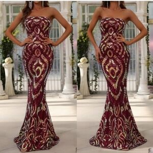 Burgundy All Over Print, Sequined,  Strapless,  Mermaid Maxi Gown